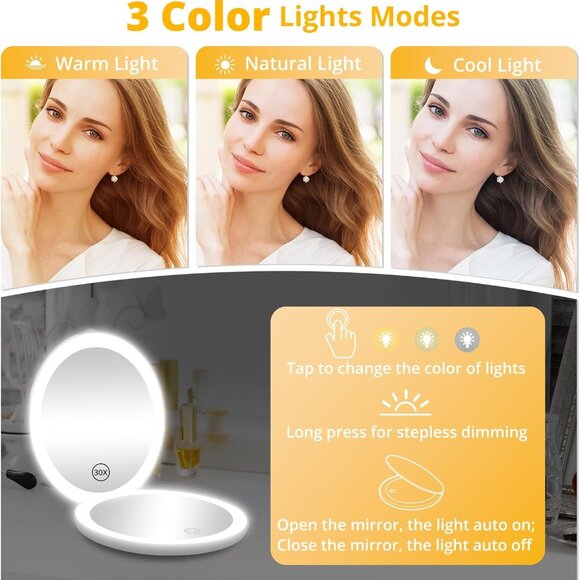 Led Lighted Folding Small Mirror with 3 Color Light, Large 4.8'' Rechargeable - Picture 7 of 16
